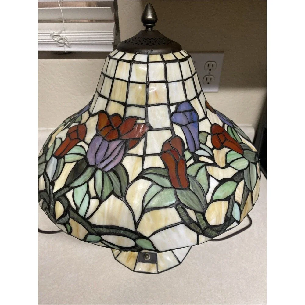 Vtg Tiffany Style Real Stained Glass Lamp 3 way
